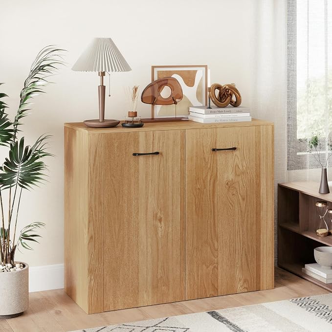 Giantex 38" Sideboard Cabinet with 2 Doors & 4 Shelves (Natural) | Bathroom Storage Organizer with Anti-Tipping Device, Metal Hinges, Credenza for Living Room, Kitchen, Entryway