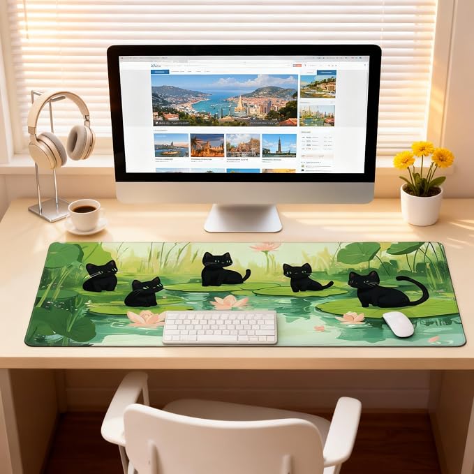 Cute Anime Black Cat Gaming Mouse Pad, Forest Green Anime Desk Mat with Anti-Slip Base & Stitched Edges, Office Supplies & Desk Decor for Women, 35.4" x 15.7" in Home Office Essentials