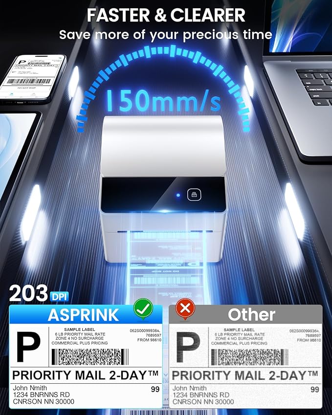 ASprink Bluetooth Shipping Label Printer 4x6 Thermal Label Printer for Small Business,Built-in Paper Bin, Wireless Thermal Printers&Shipping Packages, Compatible with iPhone&PC,Amazon, Tiktok, USPS