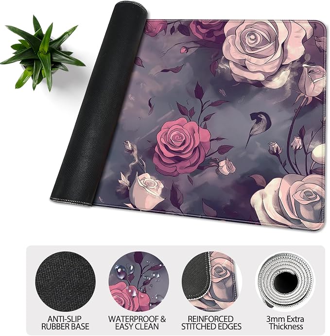 35.4 x 15.7 in, XXL Large Mouse Pad for Desk, Extended Keyboard Mouse Mat for Computer Office, Big Mouse pad with Stitched Edges, Gaming Pc-Skull red Pink Rose Butterfly
