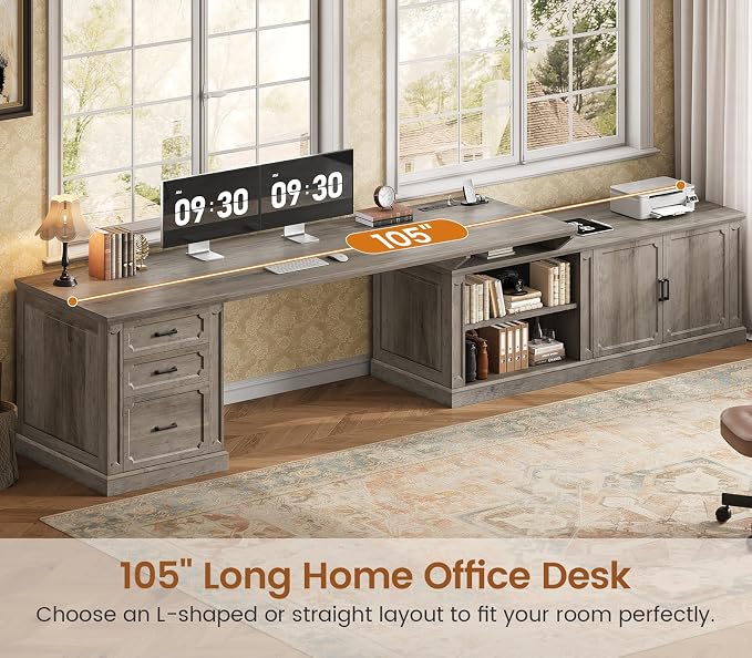 SEDETA Farmhouse L Shaped Desk with Drawers, 70.9" Home Office Desk with Storage Cabinet and Storage Shelves, L Shaped Computer Desk with Power Outlet，Gray