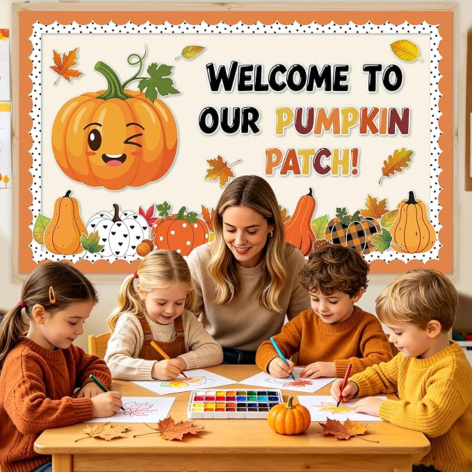 54Pcs Fall Bulletin Board Decorations Set, Best Pumpkins in the Patch Bulletin Board Classroom Decor, Thanksgiving Pumpkin Leaves Paper Cutouts for School Office Door Wall Decor