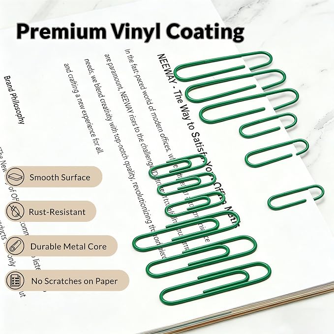 NEEWAY 450pcs Paper Clips Assorted Sizes, Small and Large Paper Clips (1.1 inch, 2 inch), Coated Paperclips for Office School Document Organizing (Green)
