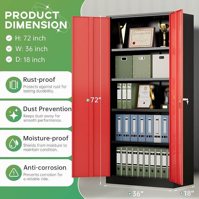 Metal Storage Cabinet,72" Steel Lockable File Cabinet with Locking Doors and Adjustable Shelves,Locking Tool Cabinets for Office,Home,Garage,Gym,School (Black Red)