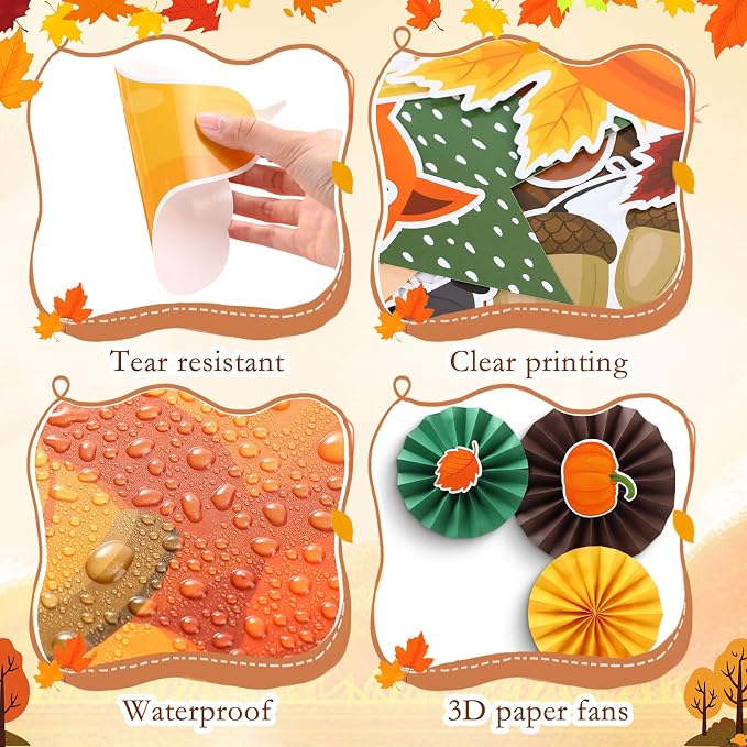 79 Pcs Fall Bulletin Board Decorations with 3D Paper Fans | Autumn Thanksgiving Classroom Bulletin Board Maple Leave Pumpkin Turkey Sunflower Paper Cutouts Office Wall Door Decorations