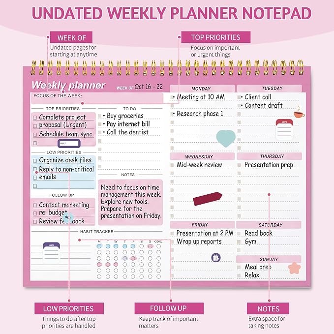 Thboxes Weekly Desk Planner, 52 Sheets, 8.5x11 In To Do List Notepad, Pink | Productivity Organizer, Work from Home Essentials, Undated Tear Off Pages, Office, College, School, Student and Teacher Gifts