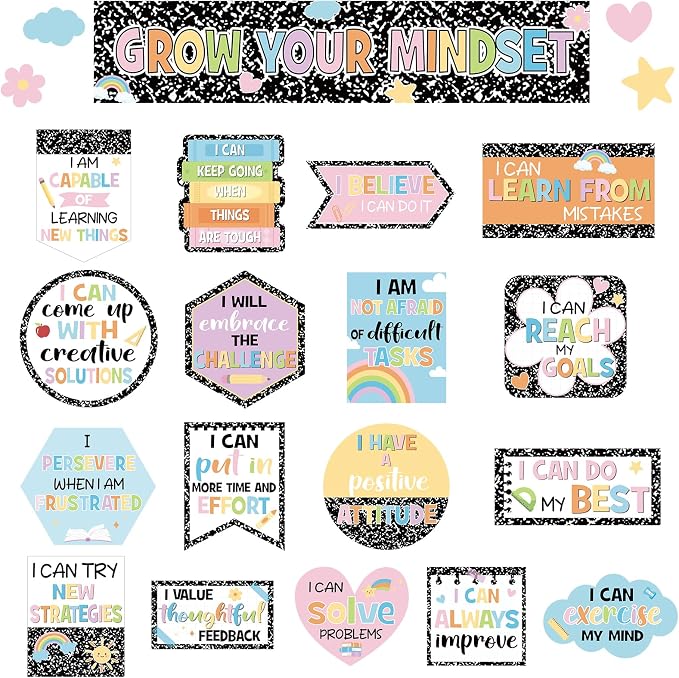 24Pcs Composition Classroom Bulletin Board Decor Girl Style Grow Your Mindset Positive Sayings Accent Cutouts Inspirational Bulletin Board Sets for School Students Teacher Office Home Wall Supply