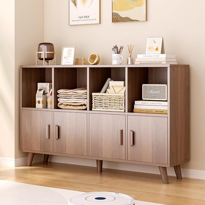 8-Cube Bookcase with Doors, 2-Tier Low Storage Cabient, Walnut | Solid Wood Legs and Door Handles, Cubby Shelf with 4 Doors, Fits 11×11" Bins for Home & Office