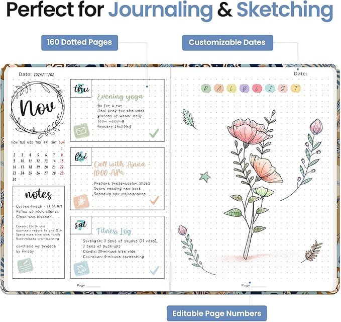 Dotted Journal Notebook for Women & Men, Hardcover Leather Journal for Writing, A5 Dotted Journaling Notebook for Work & Sketching, Perfect for Office School Home Supplies, 160 Pages, Lineage Flora