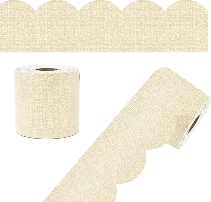Carson Dellosa Farmhouse 65Ft of Tan Linen Bulletin Board Borders, 1 Roll of Scalloped Trim for Rolling Whiteboard, Cork and Posterboard, Party, Office Decorations, and Classroom Decor