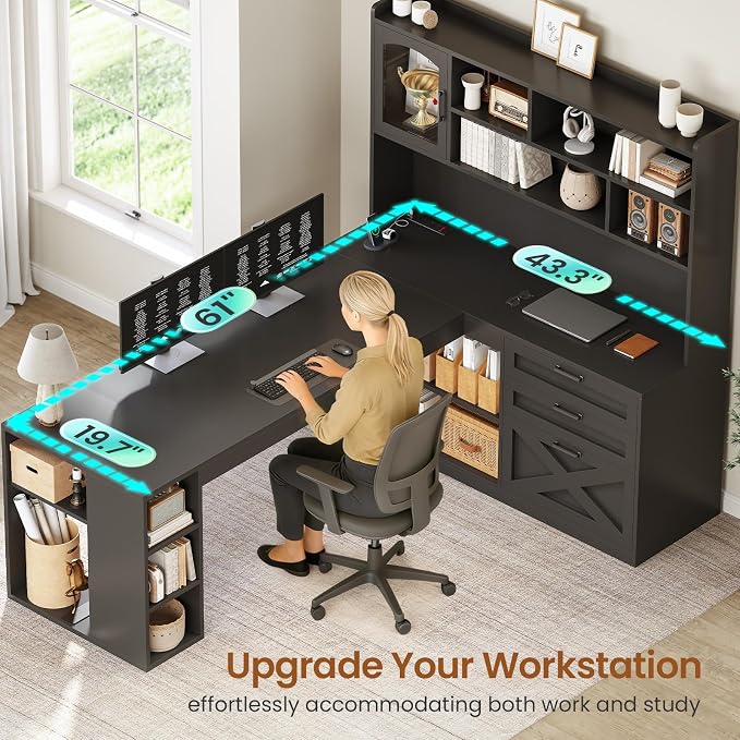 SEDETA 61" Farmhouse L Shaped Gaming Desk with Drawers, Bookshelf Storage | Computer Desk with Storage Shelves and Power Outlet, Corner Gaming Desk with LED Light and Display Cabinet for Home Office