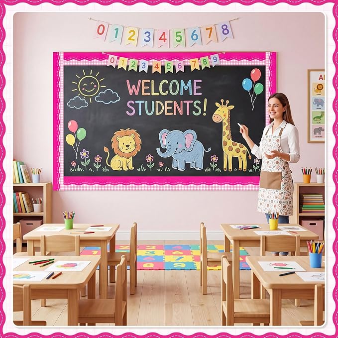 2 Rolls 65.6ft Hot Pink Gingham Bulletin Board Borders Decoration Pink Checkered and Straight Edge Bulletin Borders Board Trim for Office School Classroom Chalkboard Party Decoration