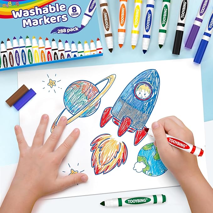 Washable Markers Bulk (288 Count), 8 Assorted Colors, Washable Markers for Kids Classroom School, Broad Tip Durable for Back to Classroom Art School Supplies Essentials
