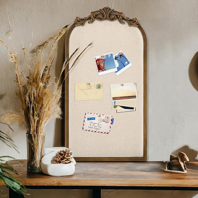 Vintage Framed Pin Board Linen Display Bulletin Board Large Ornate Fabric Picture Photo Pinboard Memo Decorative Prayer Pinboard Ornate for Wall Gift(Arch,13" X 25",Vintage Golden)