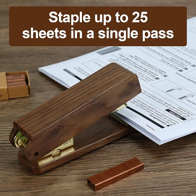 MultiBey Walnut Wood Stapler for Desk, 25 Sheet Capacity with 1000 Staples | Jam-Free Natural Woodgrain Stapler. Retro Desktop Staplers & Accessories for Office, Home & School