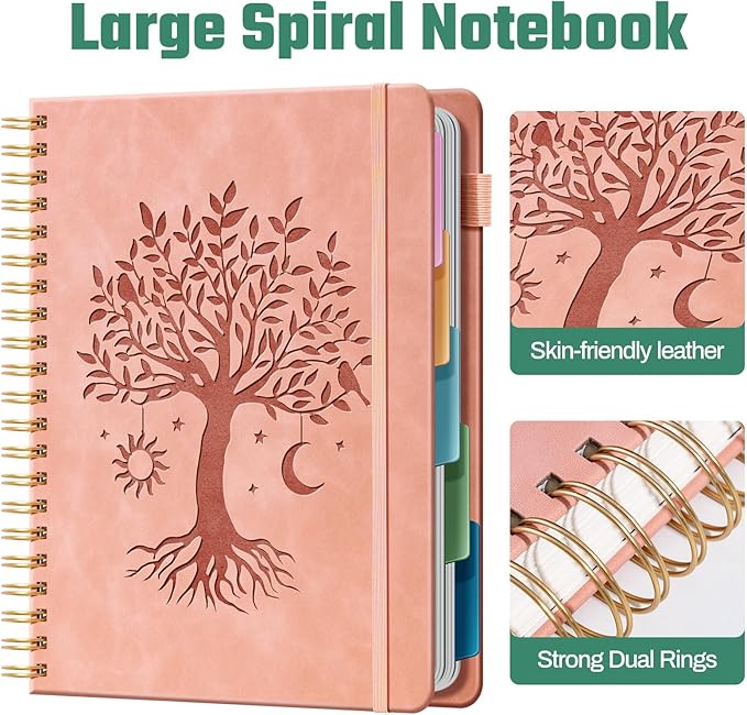 Hardcover Spiral Notebook 8.5" x 11" with 5 Removable Dividers 300 Pages Leather 5 Subject Notebook College Ruled 100GSM Large Spiral Notebooks for Work Thick Lined Journal for Women, Pink