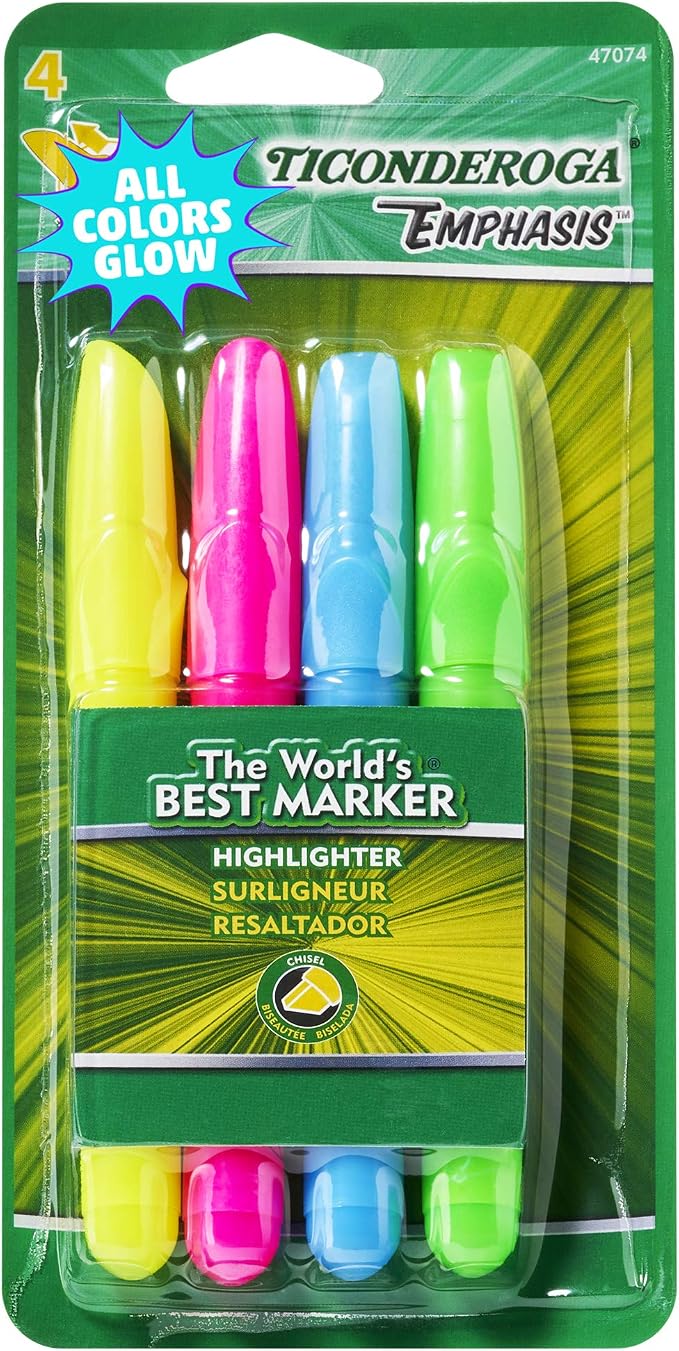 Ticonderoga Emphasis Chisel Tip Highlighters 4/Pkg-Assorted Colors