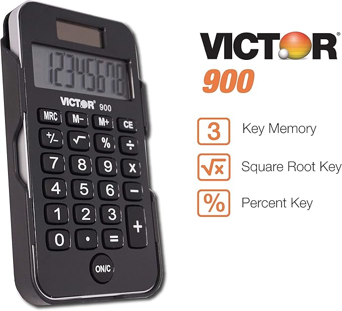 Victor 900 8-Digit Standard Function Calculator with Hard Protective Cover, Solar and Battery LCD Display, Small Pocket Calculator for Students and Professionals, Black, 0.3" x 2.5" x 4.3"