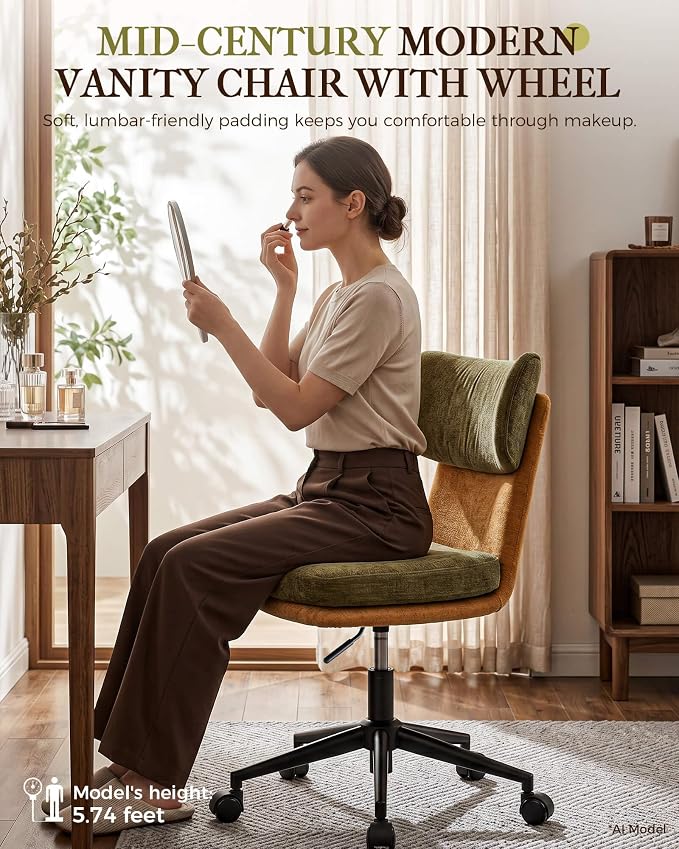 COMHOMA Home Office Desk Chairs with Ergonomic Curved Backrest, Mid Century Modern Vanity Chair with Wheel for Bedroom, Chenille Upholstered, Green