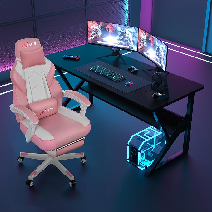 Video Gaming Chairs for Adults, Gamer Chair with Footrest, High Back, Big and Tall Gamer Chair‘s with Massage Lumbar Support, 360° Swivel Height Adjustable Computer Chaires, Pink