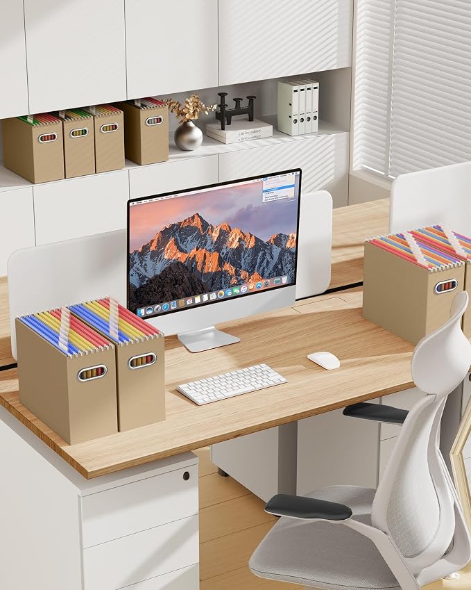 Portable Collapsible Cardboard File Box with Handle for Letter-Size | 4-Pack. Stainless Steel Handle. Label Stickers Included. Fits Letter Folders (Not Included). Home, Office, School, Dorm, Tax.
