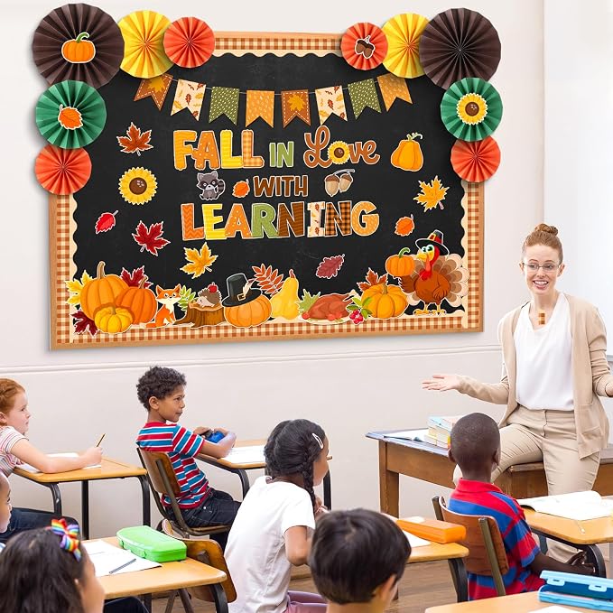 79 Pcs Fall Bulletin Board Decorations with 3D Paper Fans | Autumn Thanksgiving Classroom Bulletin Board Maple Leave Pumpkin Turkey Sunflower Paper Cutouts Office Wall Door Decorations