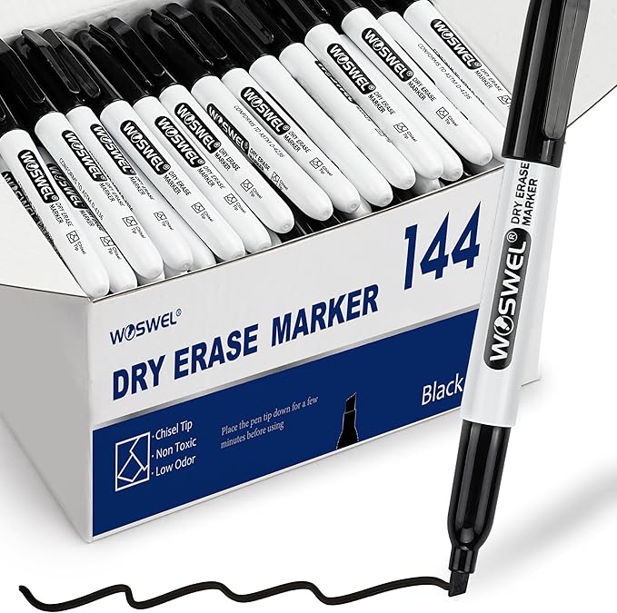 WOSWEL Dry Erase Markers Bulk, 144 Pack Black Chisel Tip Whiteboard Marker | Bulk, Value, Low Odor, Quick Drying, Black, Dry Erasable, Chisel Point Tip, Precise Writing for School Office Home