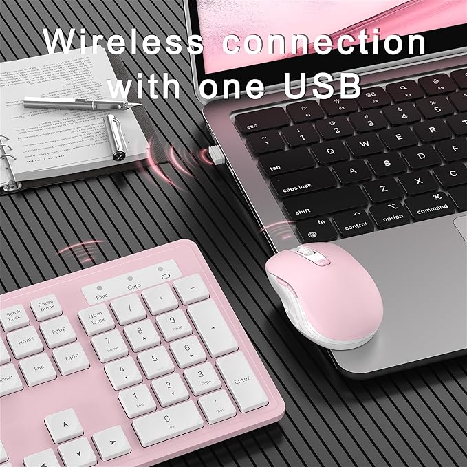 Wireless Keyboard and Mouse Combo, Full-Size 104-Key Office Keyboard with 15 Function Keys, Numeric Keypad, Single USB Receiver, Compatible with PC and Laptop(Pink White)