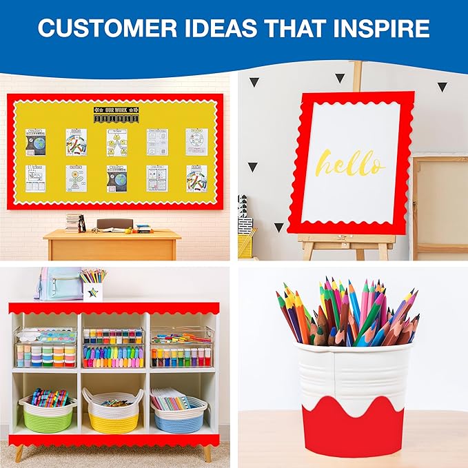 Carson Dellosa Education 65Ft of Red Bulletin Board Borders, 1 Roll of Scalloped Trim for Rolling Whiteboard, Cork and Posterboard, Valentines Day, Christmas Decorations, Party, and Classroom Decor