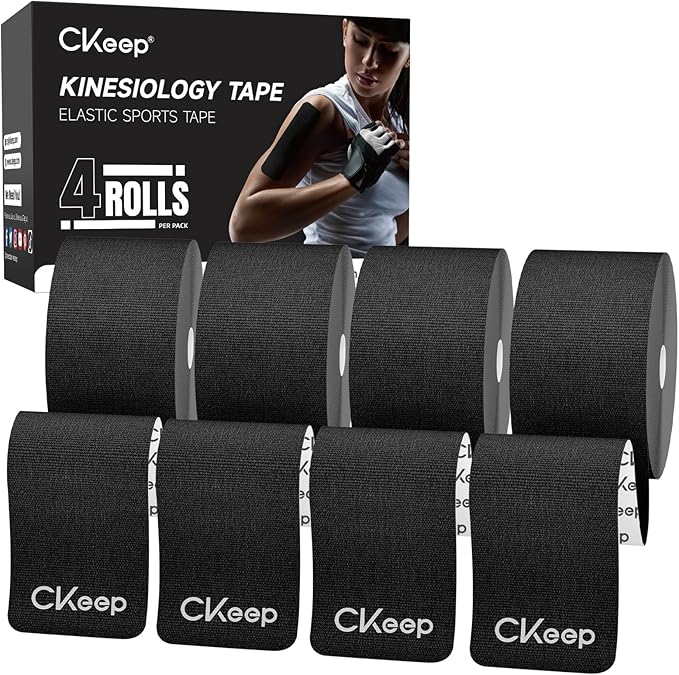 CKeep Kinesiology Tape, 4 Rolls Premium Original Cotton Uncut Elastic Athletic Tape, Latex Free Hypoallergenic Sports Tape, 2inch x 16ft, Black
