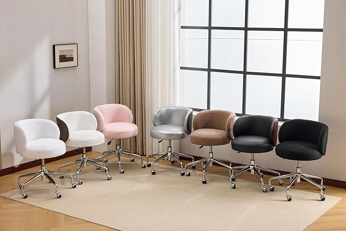 VINGLI Cute Small Swivel Desk Chair Comfy with Wheels,Ergonomic Low-Back Lumbar Support Vanity Nail Tech Rolling Task Stool Girls Women Kids Chair for Home Office,Height Adjustable,Teddy Fleece,Pink