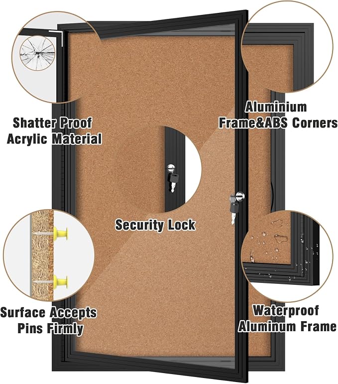Mifuro 36"x24" Enclosed Bulletin Board, Outdoor Lockable Weather-Resistant Aluminum Cork Noticeboard for School & Office Hospital, Black Frame w/Cork
