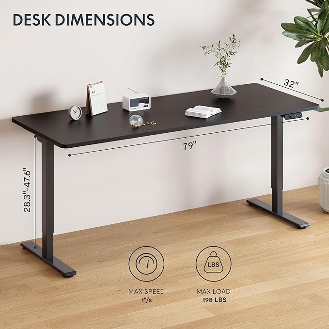 FLEXISPOT 79"x32" Large Dual Motor Electric Standing Desk, Black - 198 LBS Heavy-Duty Capacity, Ideal for Home Office, Creative Studio, or Multi-Monitor Setup