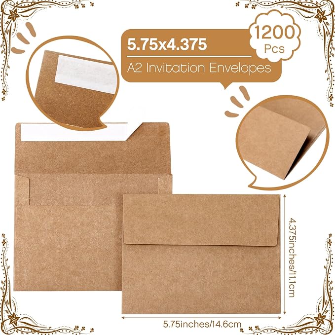 Fainne 1200 Pack Kraft Envelopes for Invitation, 120 GSM,A2, 4.375 X 5.75 in