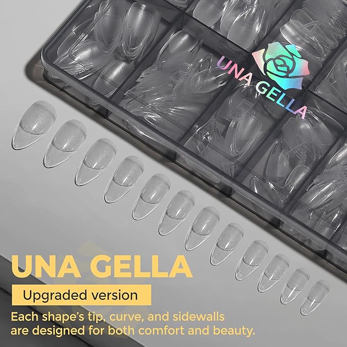UNA GELLA Medium Almond Nail Tips, Almond Gel Nail Tips, 240pcs Pre Etched Soft Gel Full Cover Press on Clear Acrylic Fake Nails for Nails Extensions No C Curve DIY Salon at Home 12 Sizes