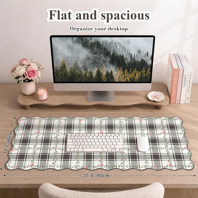 iCasso Keyboard Mat for Students, Black 35.4"x15.7" Desk Protector | Stitched Edges Scalloped Mousepad for Computer, Aesthetic Floral Desk Pad for Students Women Office Workspace Area