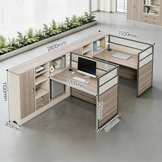 Modern Office Workstation Desk with Side Storage Cabinet, Tempered Glass Privacy Panels, USB Charging Hub & Cable Management, Modular Cubicle Desk for Office Work (B - Right, 2P-A)