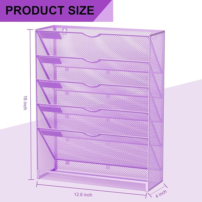 Hanging Wall File Organizer 6 Tier Wall Mounted Mail Paper Folder Holder Document Organization Stand, Vertical Desk Magazine Rack for Office Home Cubicle Countertop, Light Purple