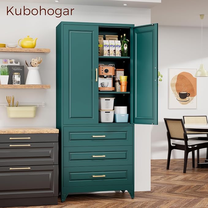 75" Tall Kitchen Pantry Cabinet, Storage Cabinet with 3 Drawers | Metal Kitchen Cabinet with Doors & 2 Adjustable Shelves, Tall Food Pantry, Cupboard for Kitchen, Dining Room, Garage, Office