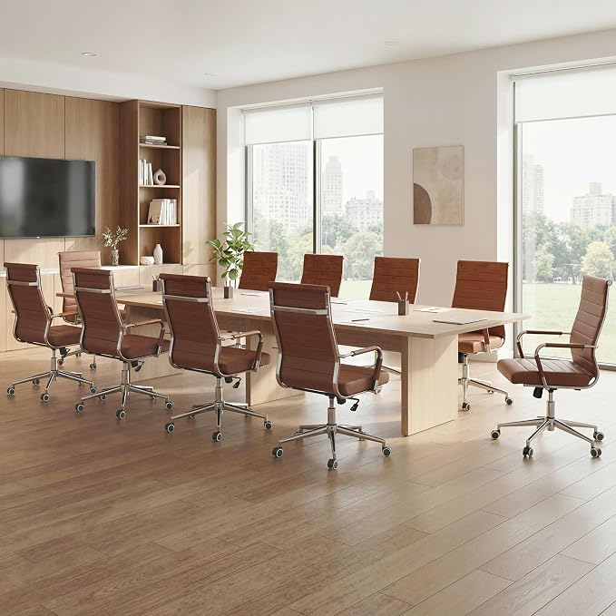 Okeysen Office Desk Chair, Ergonomic Leather Modern Conference Room Chairs, Executive Ribbed Height Adjustable Swivel Rolling Chair for Home Office Set of 20. (Brown)