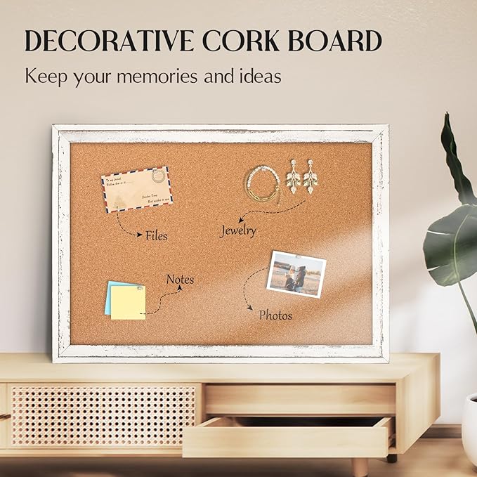 Cork Board Bulletin Board, 30" x 20" Rustic White Wooden Frame Corkboard for Wall, Hanging Vision Board, Pin Board for Home Room Dorm Office Decor