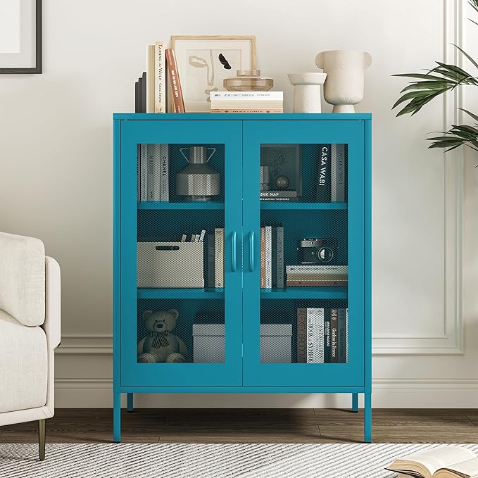 Chshin Metal Locker Storage Cabinet with 2 Mesh Doors and Adjustable Shelves,Blue Metal Locker Cabinets,Coffee Bar Cabinet,Kitchen Pantry Storage Cabinets for Home,Sideboard,Office(40" H)
