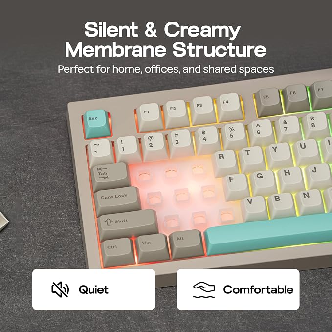 MechLands Aula S102 Membrane Gaming Keyboard w/Number Pad, 100% Full Size | Silent Keyboard for Office/PC Game, USB-C Wired, RGB Backlit, Creamy Silicone Structure, Ergonomic Stands (Grey)