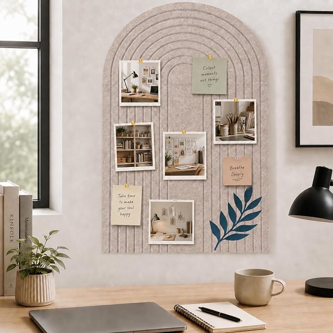 Large Arched Felt Bulletin Board, Stylish Sized 36" x 24" Cork Board Alternative with Grooved Pin Board for Office & Wall, 3 Foldable Customizable Adhesive Tiles with Pins for Photo Display, Camel