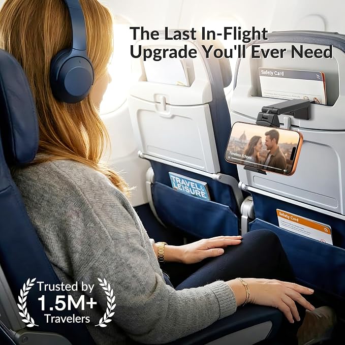 Perilogics Universal Airplane Phone Holder Mount, Plane Travel Essentials | In Flight Phone Stand, Hands Free Cell Phone Holder, Dual 360° Rotation, Must Haves Airplane Travel Accessory, Black