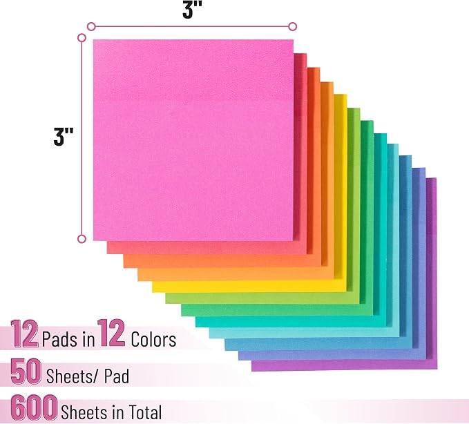 Mr. Pen- Sticky Notes, 3"x3", 12 Pads, 600 Sheets, Vibrant Colors | Sticky Notes Bulk, Self-Stick Note Pads, Perfect for Office, School, Home, Study & Organization