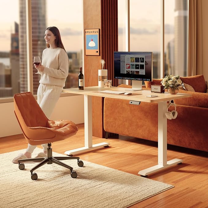FEZIBO 55 x 24 Inchs Electric Standing Desk, Height Adjustable, Sit Stand Up, Computer Office Desk with Splice Board, White Frame/Maple Top | Sit and Stand Up Adjustable Desk, Home Office Computer Desk with 3 Customizable Memory Presets