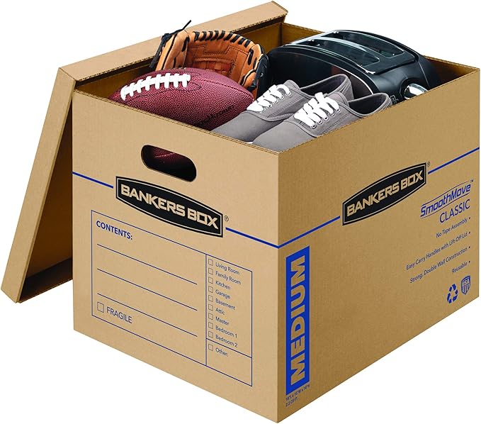 Bankers Box Medium Classic Moving Box 20 Pack, Reinforced Handles, Tape-Free Assembly, Box with Lid, 19-In x 14.5-In x 15.5-In (8817202)