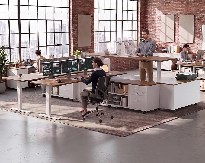 71" L Shaped Electric Standing Desk with Cabinet Sets, Walnut/White | Mobile Drawers & File Cabinet Sets for Flexible Layout, Height Adjustable Executive Stand Up Desk for Home Office Workstation