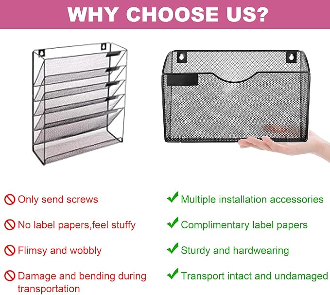 1 Pocket Mesh Wall File Holder Organizer Office Hanging File Folder Magazine Rack, Nametag Label Hooks Set Included (Black)